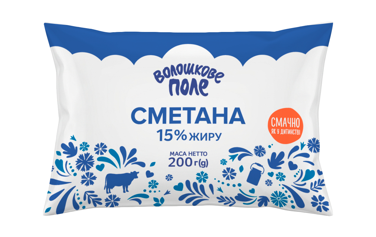 Сметана 15% жиру 200гр плівка ВОЛОШКОВЕ ПОЛЕ